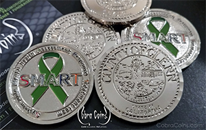2D Front and 2D Back Shiny Silver coin with Wave
Edge cuts on both sides and enamel colors on 1 side SMART System-wide Mental health Assessment Response Treatment Team County of Glenn Seal State of California cobra coins cobracoins.com